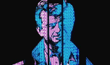 Movie still from “The Professional” (1981), directed by Georges Lautner – A man with blue and purple letters on a black background; Extreme Close Up shot, Low angle