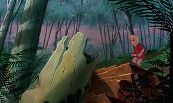 Movie still from “The Rescuers Down Under” (1990), directed by Mike Gabriel – A painting of a boy sitting on a log in the woods; Wide shot, High angle