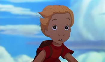 Movie still from “The Rescuers Down Under” (1990), directed by Mike Gabriel – A boy with blond hair and a red t - shirt; Close Up shot, Low angle