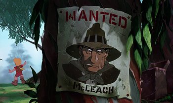 Movie still from “The Rescuers Down Under” (1990), directed by Mike Gabriel – A wanted poster of a man with a hat on; Close Up shot, Overhead angle
