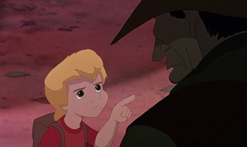 Movie still from “The Rescuers Down Under” (1990), directed by Mike Gabriel – A young boy and an old man are talking; Close Up shot, Over the shoulder angle
