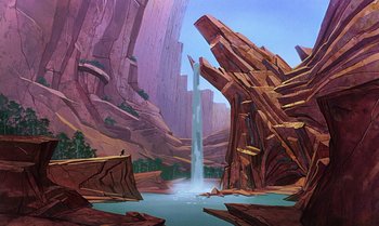 Movie still from “The Rescuers Down Under” (1990), directed by Mike Gabriel – An animated scene of a waterfall in the middle of a canyon; Extreme Wide shot, High angle