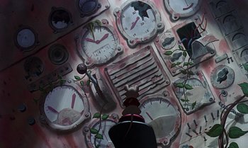 Movie still from “The Rescuers Down Under” (1990), directed by Mike Gabriel – An overhead view of an airplane cockpit with many clocks; Medium shot, Low angle