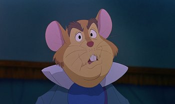 Movie still from “The Rescuers Down Under” (1990), directed by Mike Gabriel – A cartoon character's face; Close Up shot, Over the shoulder angle