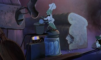 Movie still from “The Rescuers Down Under” (1990), directed by Mike Gabriel – A painting of a person cooking in a kitchen; Wide shot, Low angle