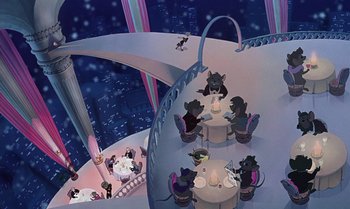 Movie still from “The Rescuers Down Under” (1990), directed by Mike Gabriel – A group of people sitting at a table in front of a building; Extreme Wide shot, High angle