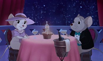 Movie still from “The Rescuers Down Under” (1990), directed by Mike Gabriel – Two cats sitting at a table with a pink table cloth; Wide shot, High angle