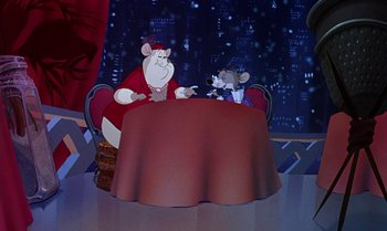 Movie still from “The Rescuers Down Under” (1990), directed by Mike Gabriel – Two mice are sitting at a table in front of a city skyline; Medium shot, Over the shoulder angle