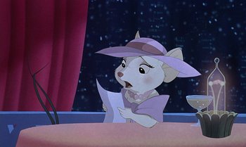Movie still from “The Rescuers Down Under” (1990), directed by Mike Gabriel – A mouse in a hat and a purple dress is sitting in front of a window; Close Up shot, Over the shoulder angle
