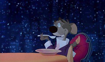 Movie still from “The Rescuers Down Under” (1990), directed by Mike Gabriel – A mouse sitting at a table with a plate of food; Medium shot, Over the shoulder angle