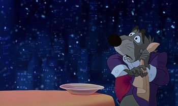 Movie still from “The Rescuers Down Under” (1990), directed by Mike Gabriel – A cartoon picture of a dog eating a bowl; Medium shot, Over the shoulder angle