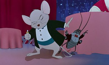 Movie still from “The Rescuers Down Under” (1990), directed by Mike Gabriel – A cartoon of a mouse wearing a suit and tie and holding a microphone; Medium shot, Over the shoulder angle