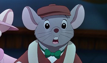 Movie still from “The Rescuers Down Under” (1990), directed by Mike Gabriel – A cartoon mouse wearing a hat and vest; Close Up shot, Low angle