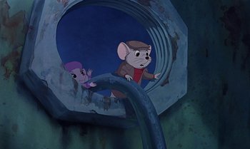 Movie still from “The Rescuers Down Under” (1990), directed by Mike Gabriel – A mouse and a girl are in a tunnel; Medium shot, High angle