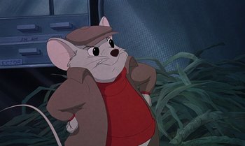 Movie still from “The Rescuers Down Under” (1990), directed by Mike Gabriel – A mouse wearing a hat and a jacket; Medium shot, Over the shoulder angle