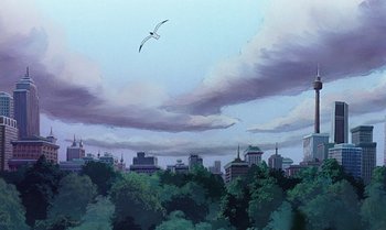 Movie still from “The Rescuers Down Under” (1990), directed by Mike Gabriel – A bird flying over a city with a cloudy sky above it; Extreme Wide shot, Low angle