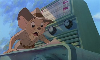 Movie still from “The Rescuers Down Under” (1990), directed by Mike Gabriel – An animated mouse is wearing a hat and a uniform; Medium shot, High angle