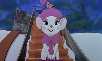 Movie still from “The Rescuers Down Under” (1990), directed by Mike Gabriel – A cartoon of a mouse on a set of stairs; Medium shot, High angle