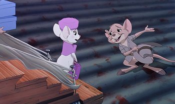 Movie still from “The Rescuers Down Under” (1990), directed by Mike Gabriel – Two animated mice are fighting over a sword; Wide shot, High angle