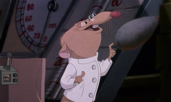Movie still from “The Rescuers Down Under” (1990), directed by Mike Gabriel – A mouse in a lab coat is playing with a ball; Close Up shot, Low angle