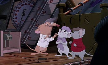 Movie still from “The Rescuers Down Under” (1990), directed by Mike Gabriel – A group of mice standing next to each other on a dock; Medium shot, Low angle