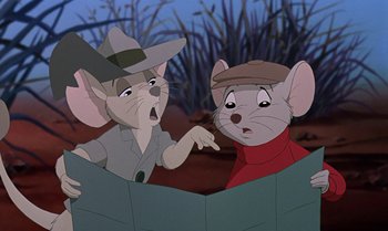 Movie still from “The Rescuers Down Under” (1990), directed by Mike Gabriel – A couple of cartoon mice standing next to each other; Close Up shot, High angle