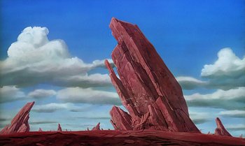 Movie still from “The Rescuers Down Under” (1990), directed by Mike Gabriel – A painting of a rock formation in the middle of the desert; Extreme Wide shot, Low angle