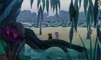 Movie still from “The Rescuers Down Under” (1990), directed by Mike Gabriel – Two children are standing on a tree branch; Extreme Wide shot, High angle