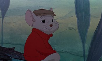 Movie still from “The Rescuers Down Under” (1990), directed by Mike Gabriel – A mouse wearing a red jacket and a hat; Close Up shot, High angle