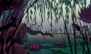 Movie still from “The Rescuers Down Under” (1990), directed by Mike Gabriel – A painting of a lake with a bird sitting on a tree branch; Extreme Wide shot, High angle