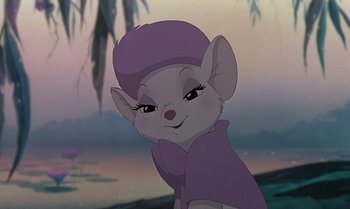 Movie still from “The Rescuers Down Under” (1990), directed by Mike Gabriel – A mouse wearing a purple hat and a purple jacket; Close Up shot, Over the shoulder angle