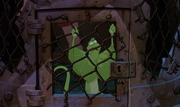 Movie still from “The Rescuers Down Under” (1990), directed by Mike Gabriel – A cartoon of a lizard in a jail cell; Wide shot, High angle