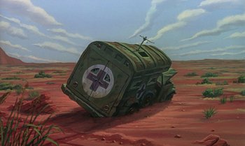 Movie still from “The Rescuers Down Under” (1990), directed by Mike Gabriel – An old military vehicle with a nazi symbol on the side of it; Extreme Wide shot, Low angle