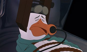 Movie still from “The Rescuers Down Under” (1990), directed by Mike Gabriel – A cartoon of a duck with a microphone in his mouth; Close Up shot, High angle