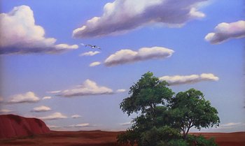 Movie still from “The Rescuers Down Under” (1990), directed by Mike Gabriel – An oil painting of an airplane flying over a tree; Extreme Wide shot, Low angle