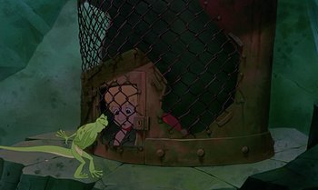 Movie still from “The Rescuers Down Under” (1990), directed by Mike Gabriel – A cartoon of a frog looking out of an iron cage; Wide shot, Over the shoulder angle