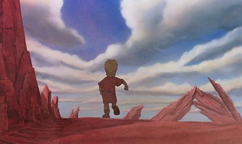 Movie still from “The Rescuers Down Under” (1990), directed by Mike Gabriel – A painting of a boy running in the desert; Wide shot, High angle