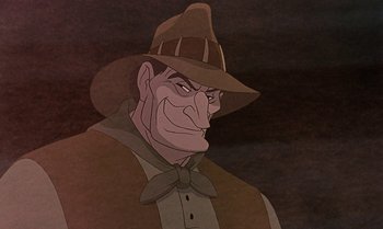 Movie still from “The Rescuers Down Under” (1990), directed by Mike Gabriel – An old man wearing a hat and a bow tie; Close Up shot, Low angle