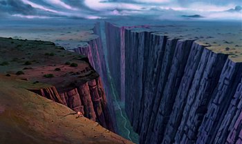 Movie still from “The Rescuers Down Under” (1990), directed by Mike Gabriel – A painting of a cliff with a person standing on it; Extreme Wide shot, Overhead angle