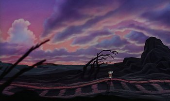 Movie still from “The Rescuers Down Under” (1990), directed by Mike Gabriel – A painting of an animal standing in the middle of a field; Extreme Wide shot, High angle