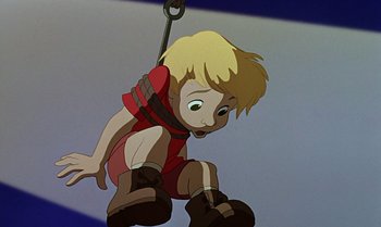 Movie still from “The Rescuers Down Under” (1990), directed by Mike Gabriel – A cartoon of a boy hanging from a metal hook; Medium shot, Low angle