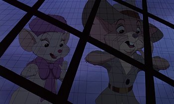 Movie still from “The Rescuers Down Under” (1990), directed by Mike Gabriel – Two cartoon characters are seen through a window pane; Medium shot, Low angle