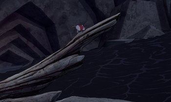 Movie still from “The Rescuers Down Under” (1990), directed by Mike Gabriel – A person riding a skate board on top of a cliff; Extreme Wide shot, High angle