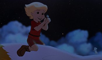 Movie still from “The Rescuers Down Under” (1990), directed by Mike Gabriel – A cartoon of a boy holding a camera in the night sky; Wide shot, Overhead angle