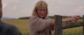 Movie still from “The River Wild” (1994), directed by Curtis Hanson – A woman leaning on a wooden post in a field; Close Up shot, Low angle