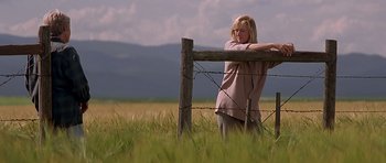 Movie still from “The River Wild” (1994), directed by Curtis Hanson – A woman leaning on a fence in a grassy field; Wide shot, Low angle