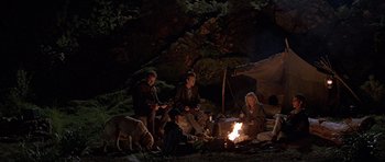 Movie still from “The River Wild” (1994), directed by Curtis Hanson – A group of people sitting around a campfire at night; Wide shot, Low angle