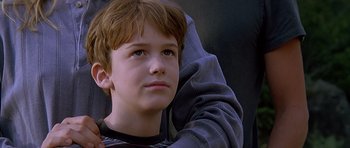 Movie still from “The River Wild” (1994), directed by Curtis Hanson – A young boy looking up into the sky; Close Up shot, Over the shoulder angle