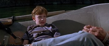 Movie still from “The River Wild” (1994), directed by Curtis Hanson – A young boy sitting on a couch in a room; Medium shot, High angle