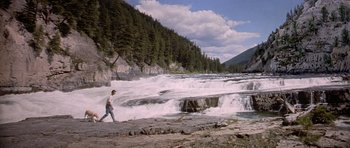 Movie still from “The River Wild” (1994), directed by Curtis Hanson – A man standing in front of a river with rapids; Extreme Wide shot, High angle